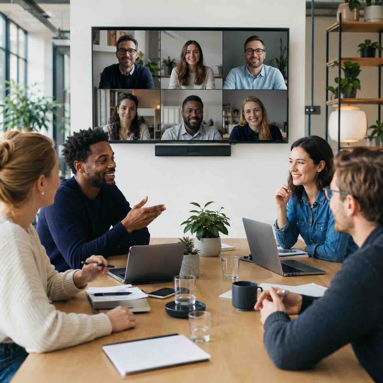 Hybrid product team collaborating in a modern workspace
