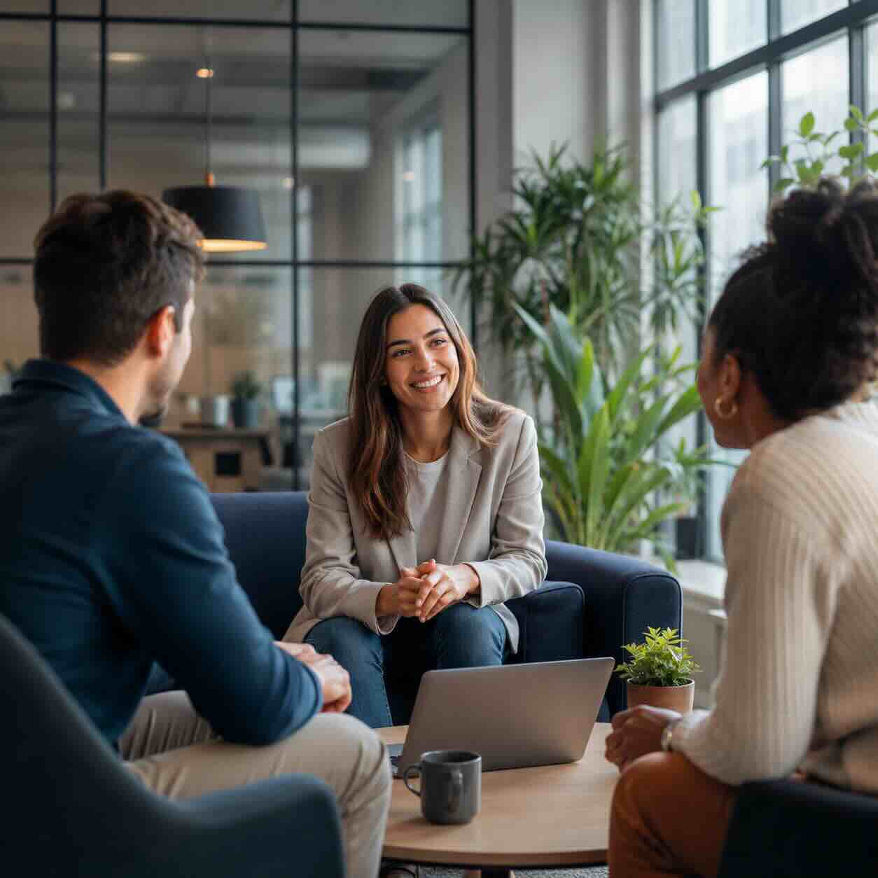 Modern office meeting with natural light