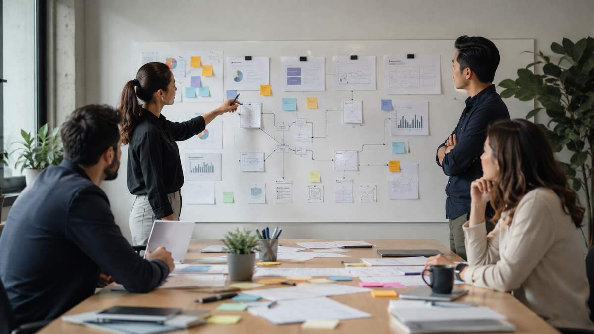 Startup product team reviewing evidence for problem-solution fit interview