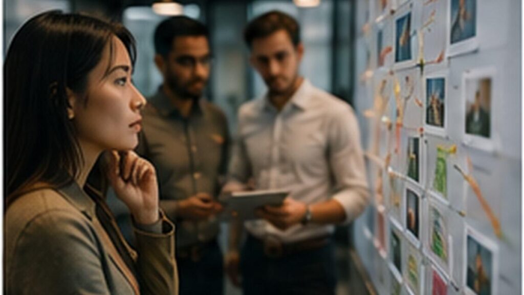 Startup product team reviewing evidence for product judgement in the AI era