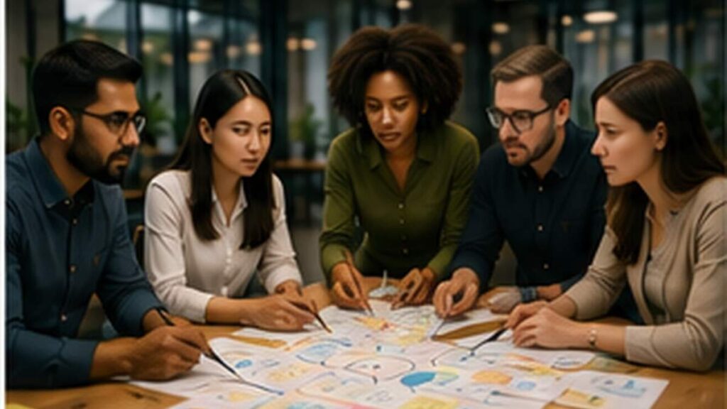 Startup product team reviewing evidence for ROI of AI-assisted delivery