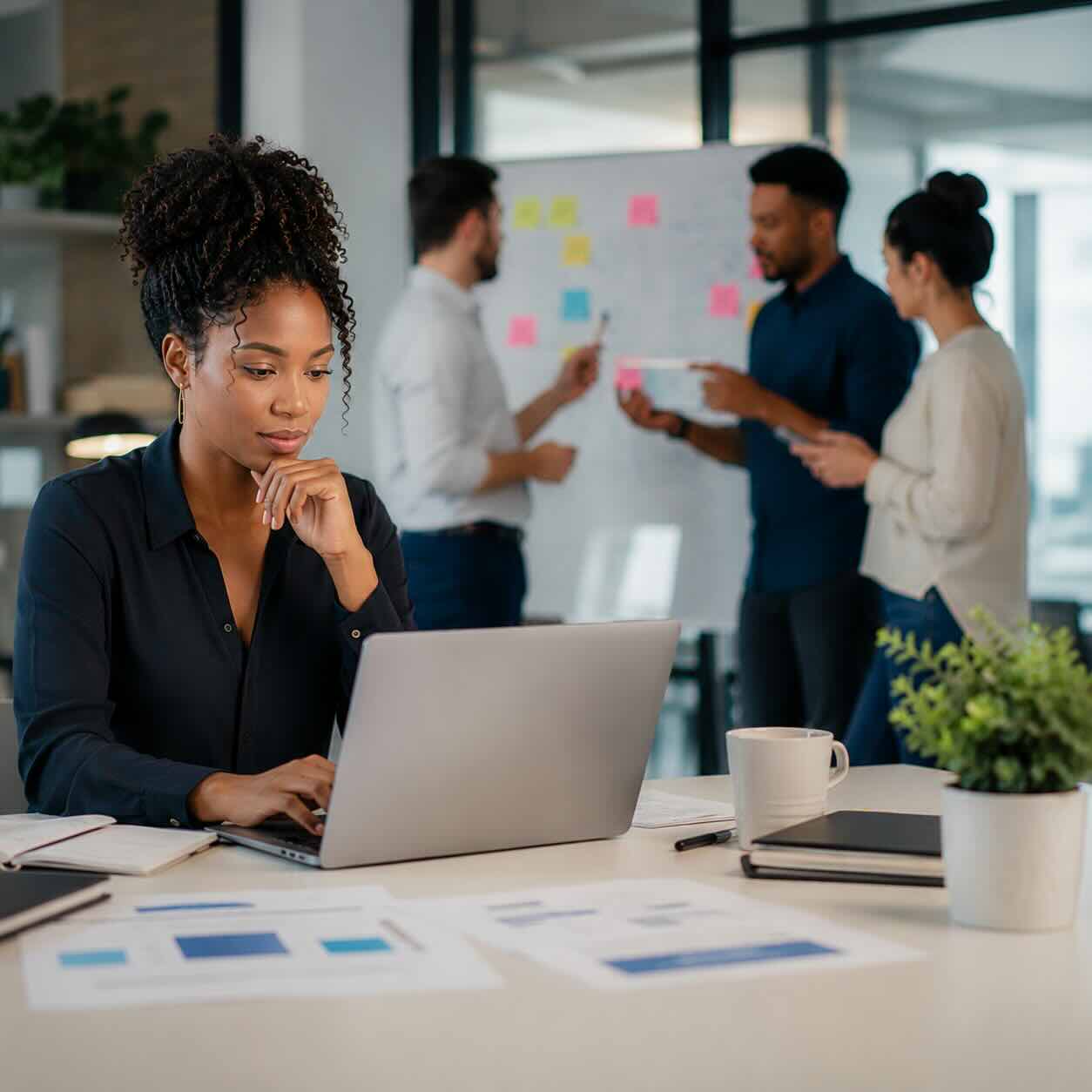 Founder working while a product team collaborates in the background.