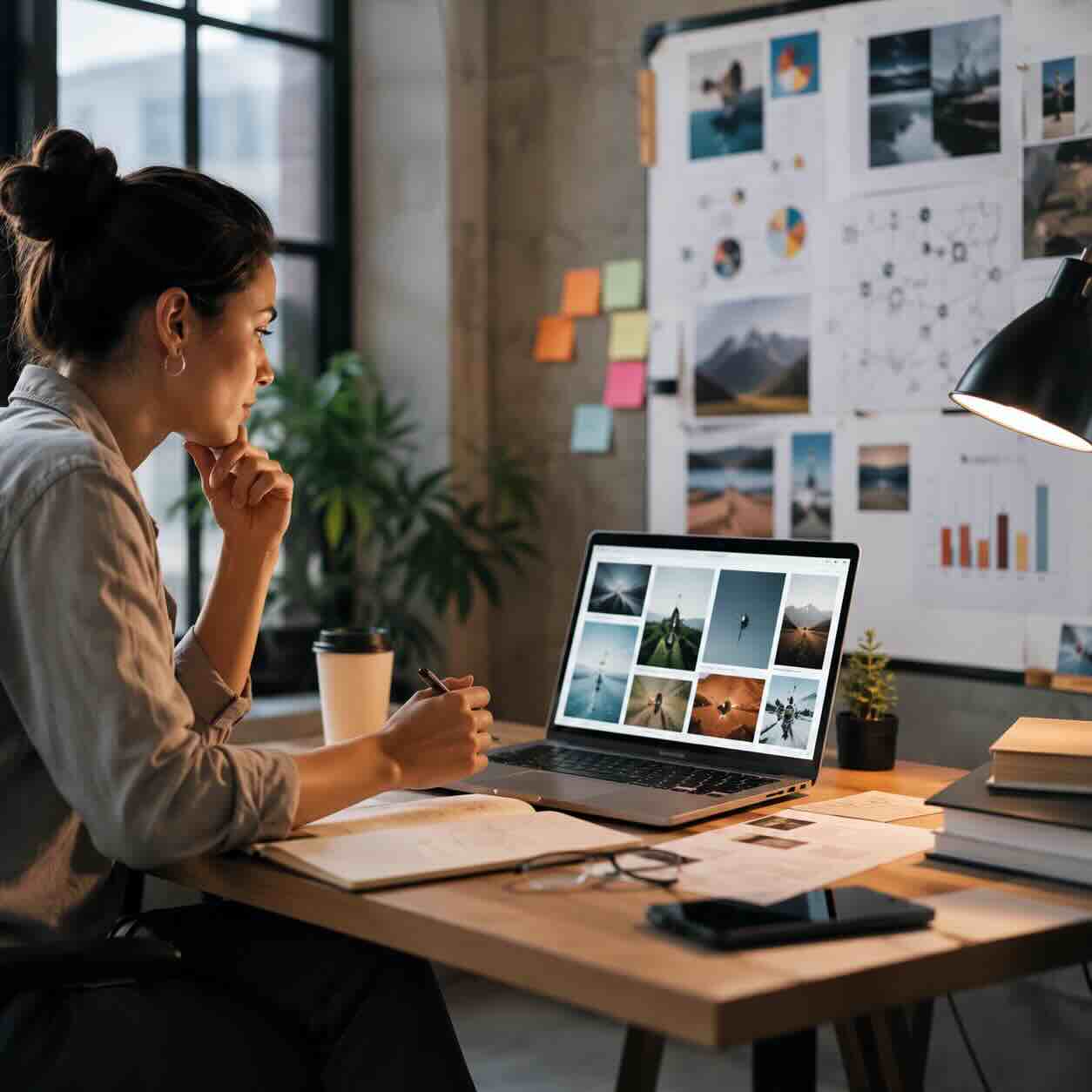 Founder reviewing product evidence and research in a modern workspace