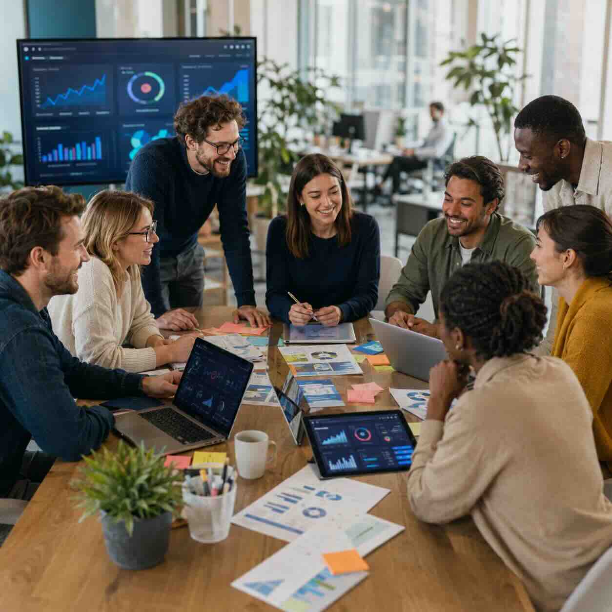 Startup team reviewing growth metrics and operating systems for scale
