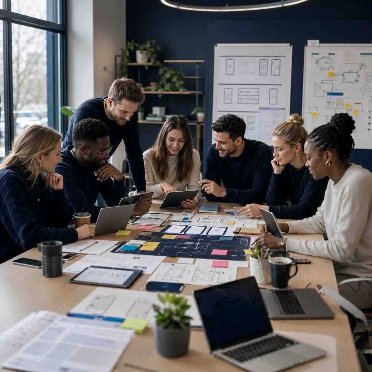Startup team reviewing growth metrics and product operations for scale