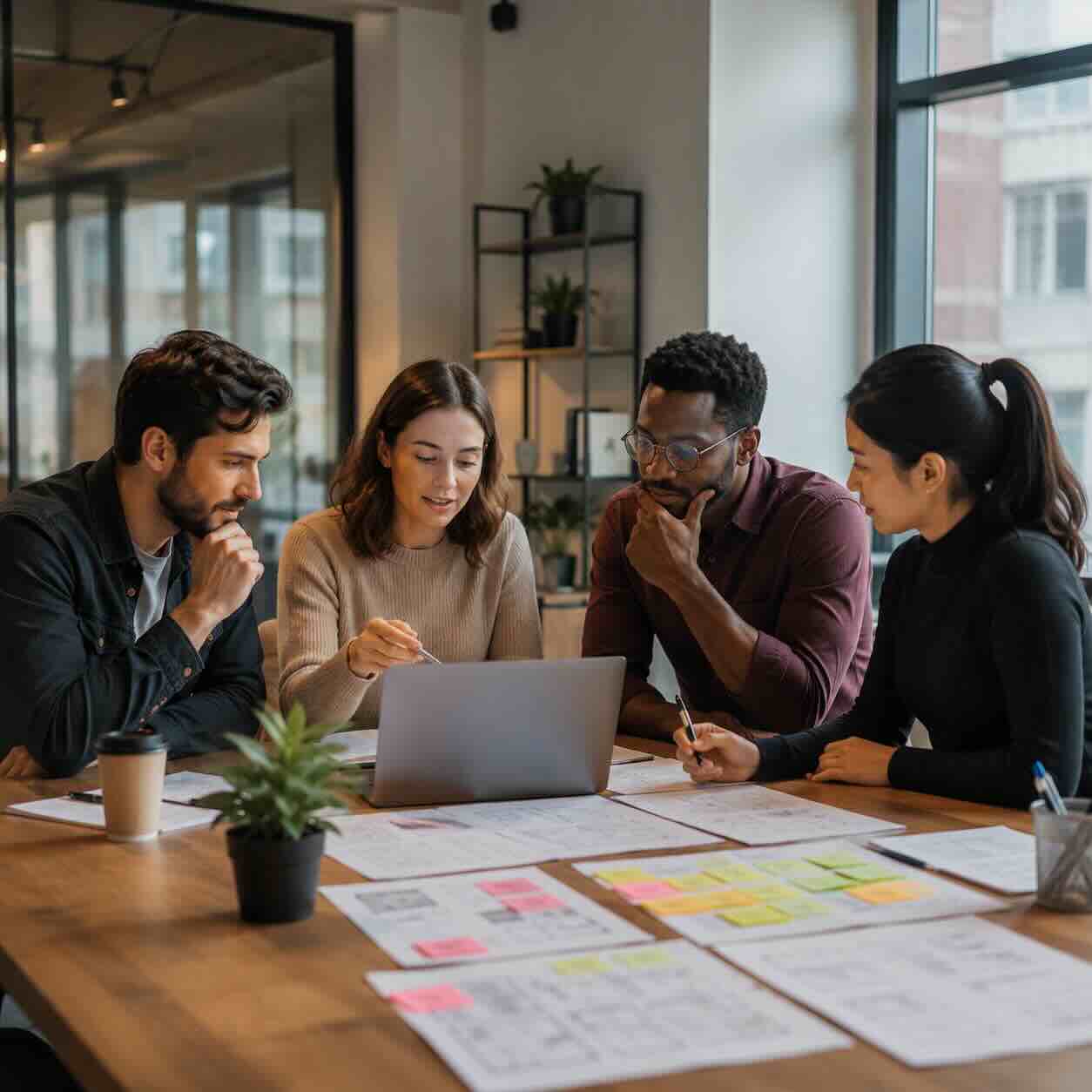 Startup team reviewing product evidence and prototype direction
